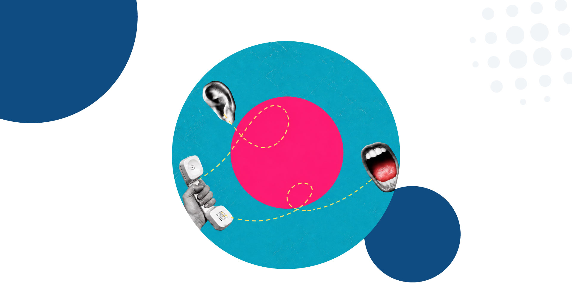 telefono bocca e orecchio collegati da un filo, sfondo azzurro con cerchio fucsia