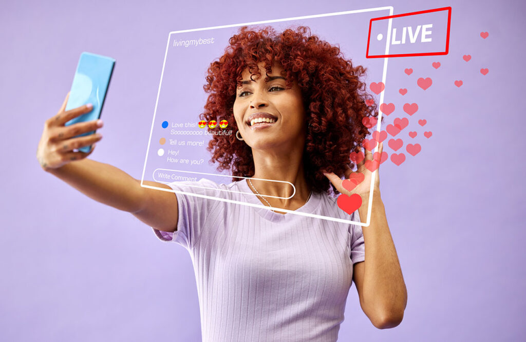 smile-selfie-woman-social-media-live-streaming-love-emoji-overlay-studio-isolated-purple-background-happy-photography-profile-picture-influencer-internet-review